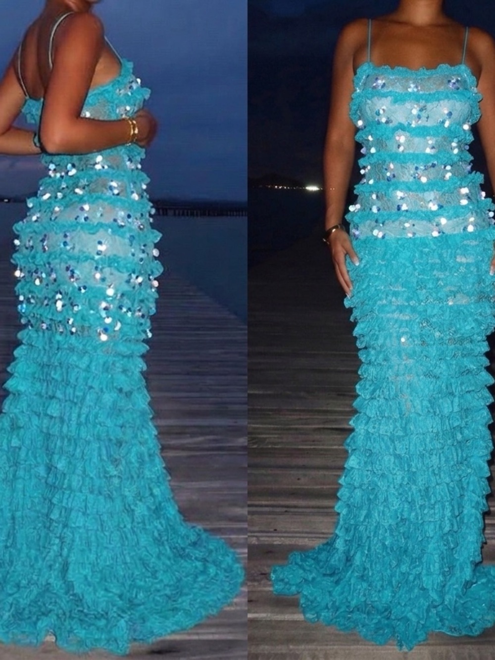 🆕 RETROFETE Beija Sequin Tiered Maxi Dress in Blue Sz S